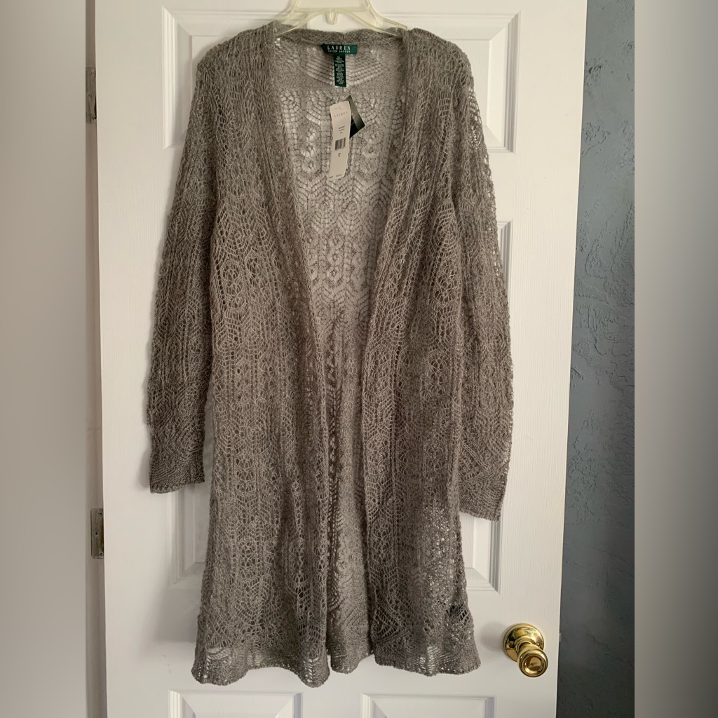 Vintage Ralph Lauren Women’s Loose Knit Long Cardigan Gray Open Front Xl New